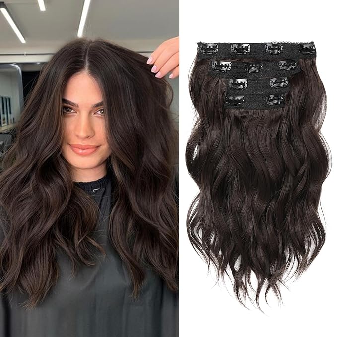 REECHO Clip in Hair Extensions - 14" Short Beach Wavy Hairpieces - Invisible Lace Weft - Natural Soft - Dark Brown