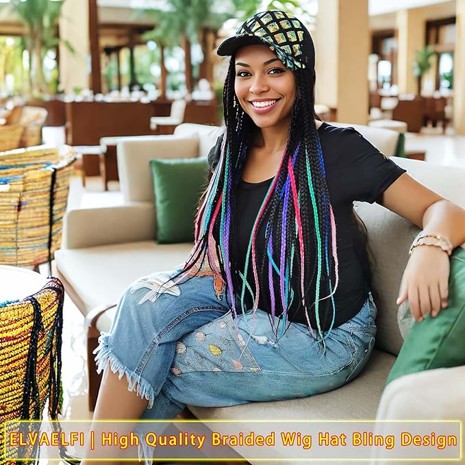 Cooling Mesh Baseball Cap Wig 24" Multi-colored Box Braid Hair Extensions, Long Braided Hair for Women Girls