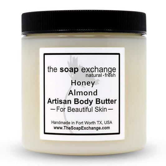 The Soap Exchange Body Butter - Honey Almond Scent - Hand Crafted 4 fl oz / 120 ml Natural Artisan Skin Care, Shea Butter, Aloe Vera, Nourish, Moisturize, & Protect. Made in the USA.