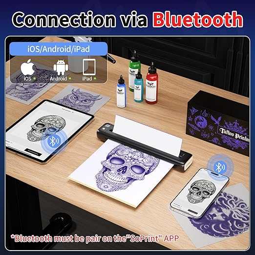 Rongta Tattoo Stencil Printer, Wireless Tattoo Machine, Tattoo Supplies for Perfessional and Beginners, Bluetooth/USB Connectivity, 5pcs Free Stencil Paper Included, Black