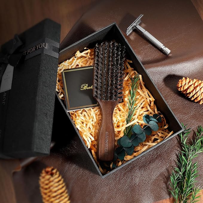 Wild Boar Bristle Hair Brush for Men - Slick Back Hair Brush - Stiff Boar Bristles for Thick Hair, Natural Black Walnut Wooden Handle Hairbrush, Beard Mustache Brush by GAINWELL