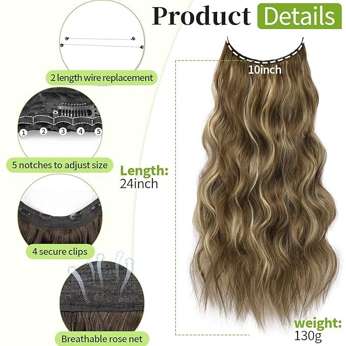 KooKaStyle Invisible Wire Hair Extensions with Transparent Headband Adjustable Size 4 Secure Clips Long Wavy Secret Wire Hairpiece 24 Inch for Women(Medium Brown with Blonde)626D#