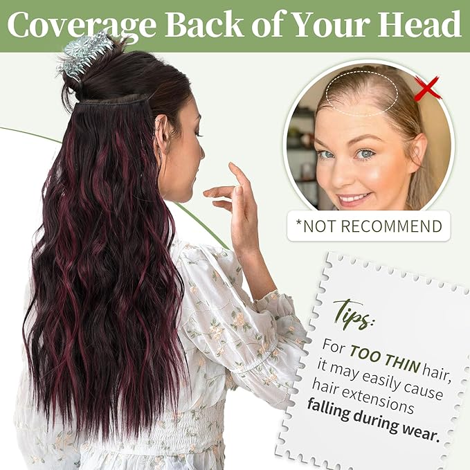 KooKaStyle Invisible Wire Hair Extensions with Transparent Headband Adjustable Size 4 Secure Clips Long Wavy Secret Wire Hairpiece 20 Inch Burgundy mix Dark Brown for Women