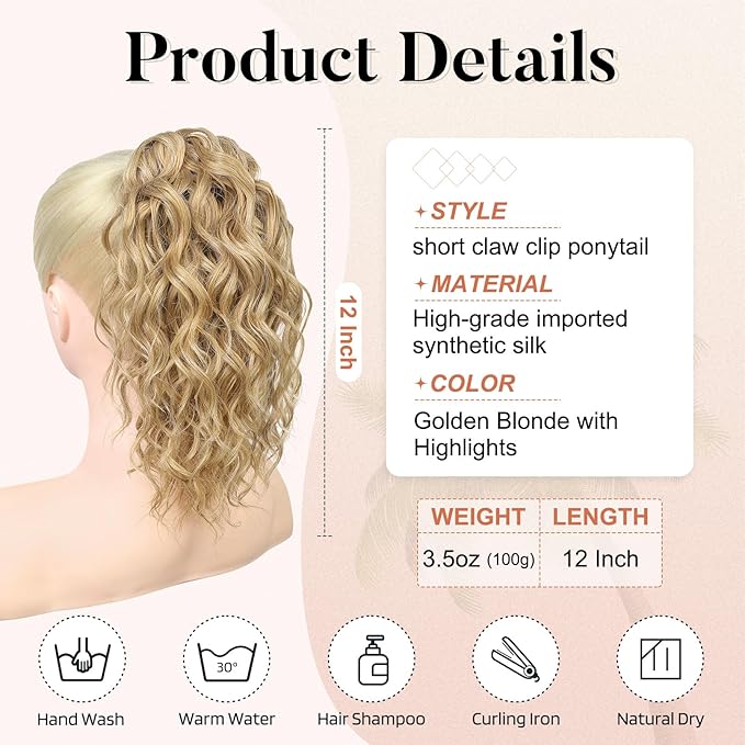 FLUFYMOOZ Ponytail Extension, 12" Short Claw Ponytail Extension Wavy Curly Jaw Clip in Pony tails Hair Extension Natural Synthetic Hairpiece for Women (Golden Blonde with Highlights)