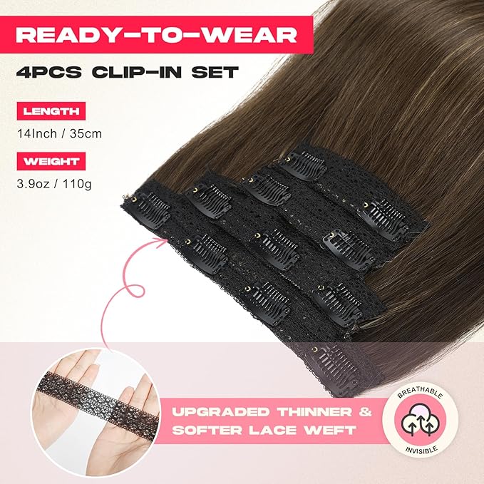 Hair Extensions, 14" Short Clip in Hair Extensions 4PCS Straight Natural Soft Synthetic Hairpiece for Women - Dark Brown with Highlights