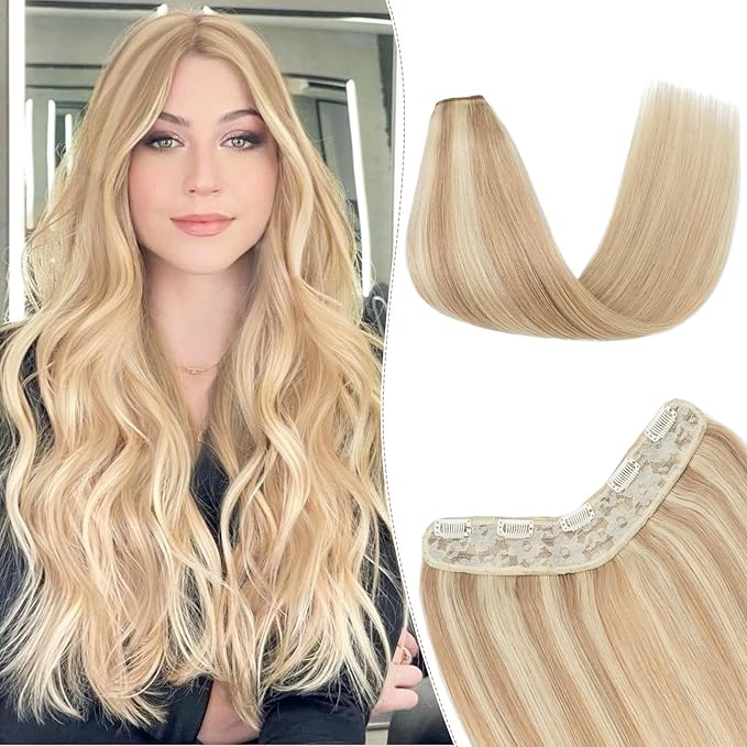 One Pieces Clip in Hair Extensions Human Hair Upgraded V-Shaped 5 Clips in Hair Extensions Human Hair Long Hairpiece For Women,20 Inch,#18P613 Gold Blonde Mixed Bleach Blonde,70g