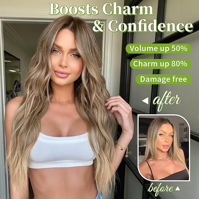 KooKaStyle Invisible Wire Hair Extensions with Transparent Wire Adjustable Size 4 Secure Clips Long Wavy Secret Synthetic Hairpiece for Women(24 Inch 10T613#Ash Brown mix Bleach Blonde)