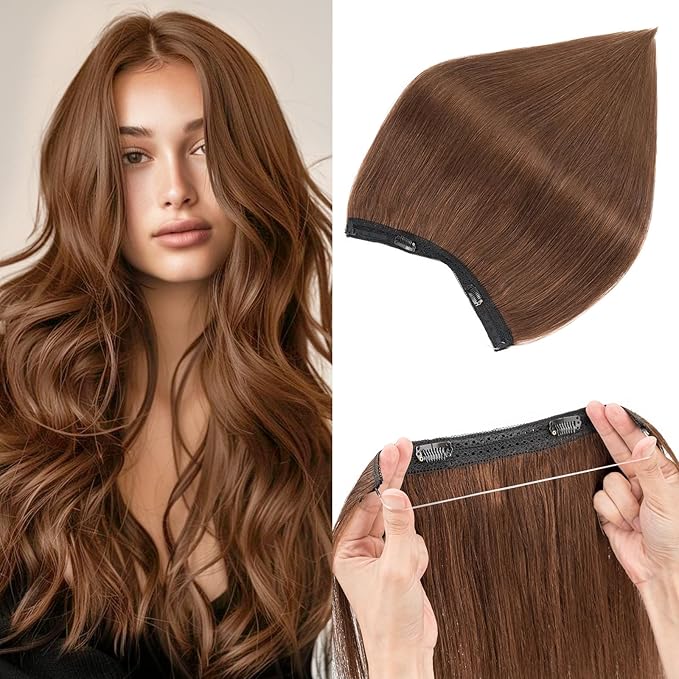 Halo Hair Extensions Real Human Hair,Halo Hair Extension 100% Human Hair, Wire Hair Extensions,Straight 04 Medium Brown 12inch/55g