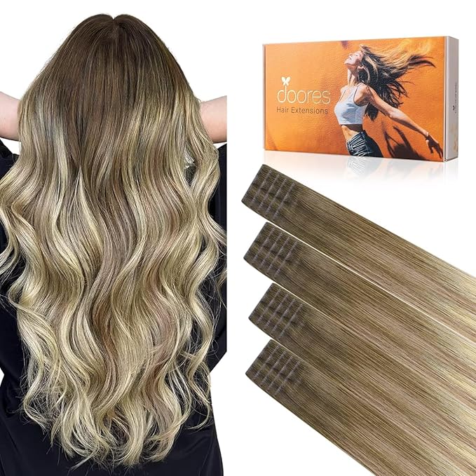 DOORES Invisi Edge Tape in Hair Extensions, Walnut Brown to Ash Brown and Bleach Blonde 10 Injection Tape-ins with 10 Injection Tape-ins 50g 20 Inch, Injected Tape in Virgin Human Hair