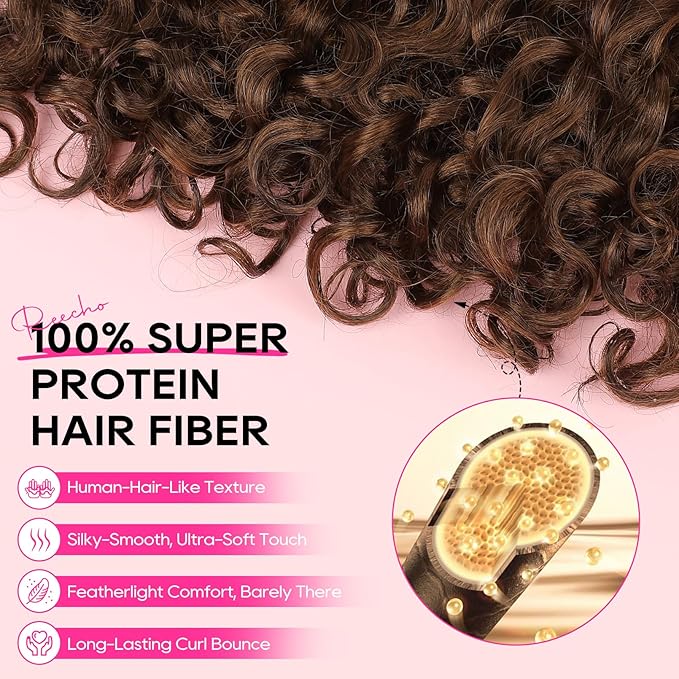 REECHO Curly Hair Extensions - 4PCS 18" GoGo Curly Clip in Hair Extensions 100% Super Protein Hairpieces with Invisible Lace Weft Silky Soft Natural Look for Women - Golden Brown