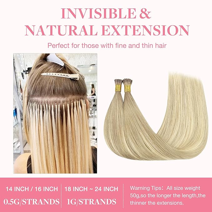 GOO GOO I Tip Hair Extensions, Real Human Hair, 24inch 50g, Cold Fusion, Invisible Remy, Natural Blonde Balayage