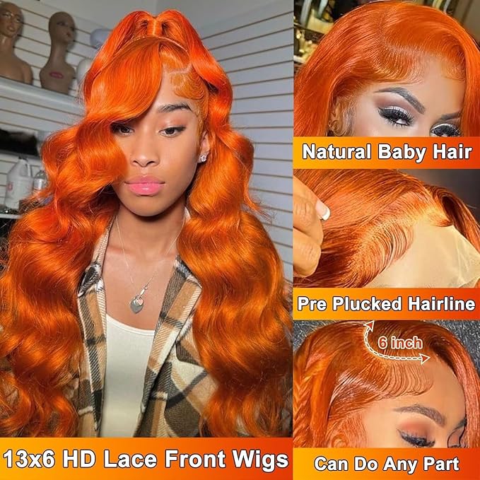 38 Inch Ginger Orange 13x6 Body Wave Lace Front Wigs Human Hair 200% Density Glueless HD Transparent Lace Frontal Wigs Human Hair Pre Plucked With Baby Hair Ginger For Women