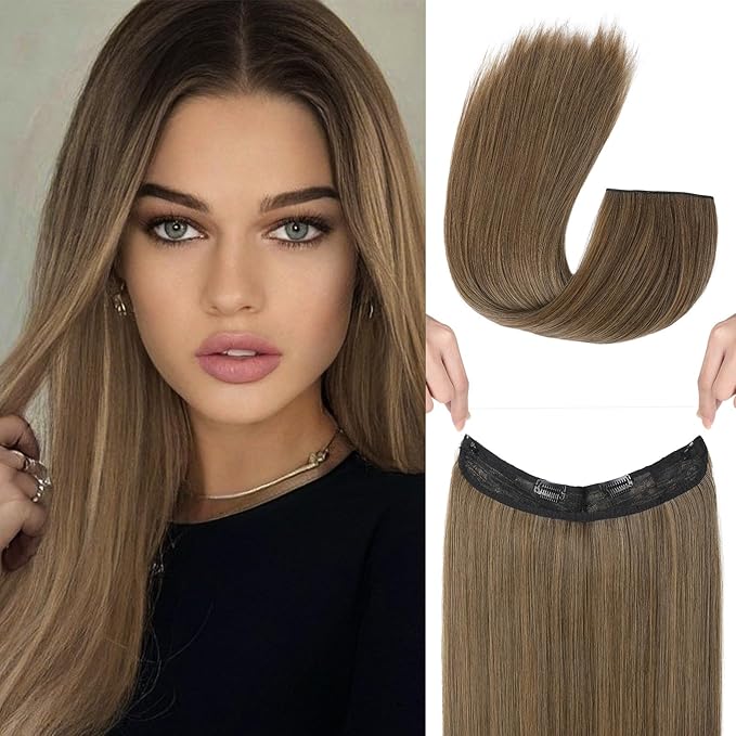 REECHO Invisible Wire Hair Extensions with Transparent Headband Adjustable Size Removable Secure Clips in Straight Secret Hairpiece for Women (20 Inch (Pack of 1), Light Ash Brown with Highlights)