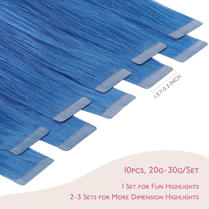 WENNALIFE Tape in Hair Extensions Human Hair Blue Tape in Extensions, 10pcs 30g 20 inch Remy Invisible Tape Ins Straight Colored Soft Real Human Hair Tape in Extensions Refill Set Extensions