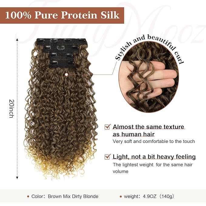 Flufymooz Clip in Hair Extensions, 4PC 100％ Pure Protein Silk Hair Extensions Long Soft Natural Hairpiece 20 Inch Curly Hair Extension for Women-Brown Mix Dirty Blonde