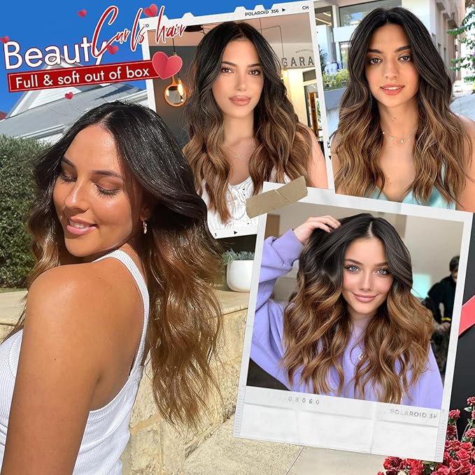 Ombre Brown Short Wavy Wig for Women Lace Hairline Bob Style Synthetic Heat Resistant - Natural Appearance for Everyday Hairstyle 18 Inch
