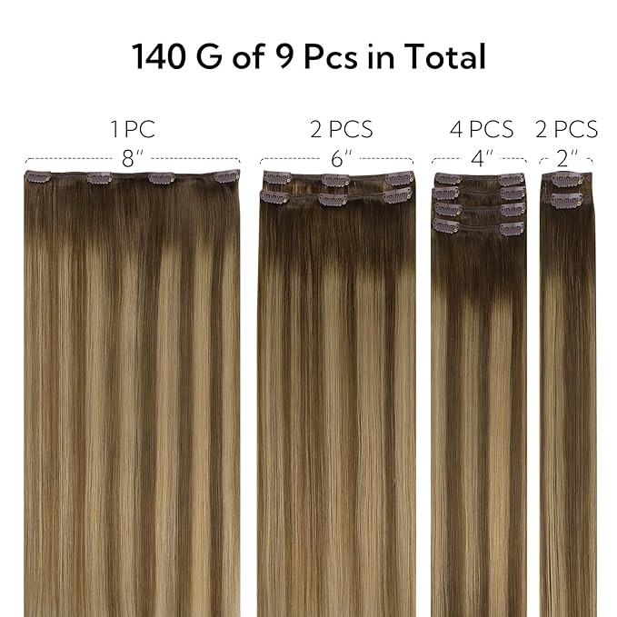 HOTBANANA Clip in Hair Extensions Real Human Hair, 150g 9pcs 24 inch Chocolate Brown with Honey Blonde Straight Remy Clip in Extensions Full Head for Women