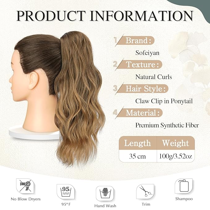 SOFEIYAN 14" Ponytail Extension, Short Wavy Claw Clip in Ponytail Hair Extension Synthetic Hairpieces Golden Brown to Ash Brown Layered Natural Fluffy Curly Drawstring Ponytail Hair Piece for Women