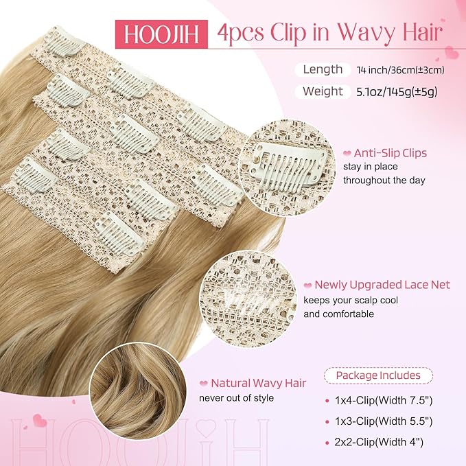 HOOJIH Clip in Hair Extensions 4PCS 14" Short Curly Clip on Hair Extensions Invisible Lace Weft Natural Soft Hairpieces for Women - Golden Blonde with Highlights
