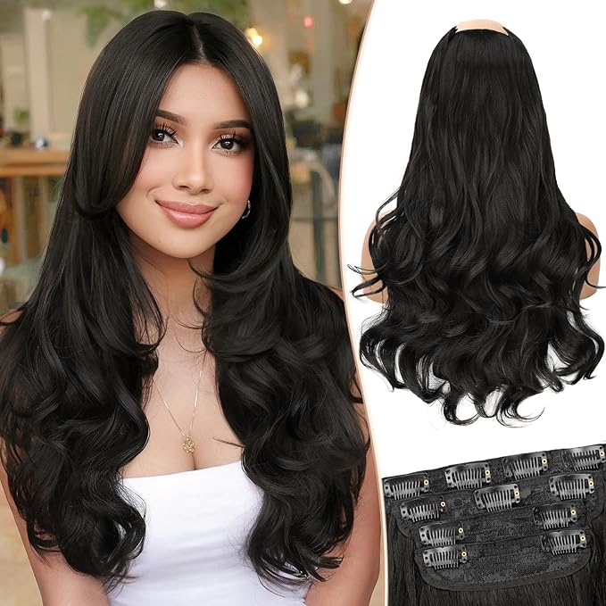 Kookastyle clip in hair extensions 4 pcs natural long Synthetic wavy curly hairpieces Layered soft invisible for women Natural Black 20 inch