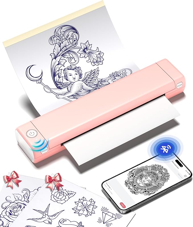Phomemo Tattoo Stencil Printer, M08F Wireless Thermal Tattoo Printer with 10pcs Transfer Paper, Compatible with Phone/Tablet/PC, Tattoo Supplies for Tattoo Artists & Beginners, Pink﻿