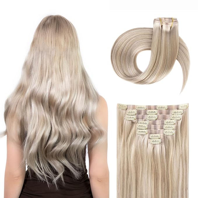 Clip in Hair Extensions Real Human Hair Seamless Clip Ins 100% Remy Hair Extensions PU Skin Weft Add Volume Ash Blonde Highlights Thick&Invisible #P18/613 20Inch 120G 8PCS