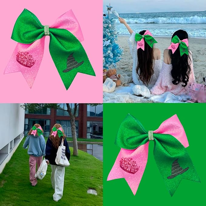 2Pcs Green & Pink Hair Bows – Witch Hair Accessories, Witch Merch Gifts for Women, Inspired Clips for Musical Fans & Costume Parties (Pink/Green)