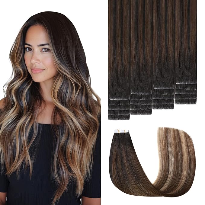 Invisible Tape in Hair Extensions Real Human Hair 3rd-Generation #1b/4/27 Natural Black to Chocolate Brown and Caramel Blonde 20pcs 30g 14inch Injected Tape ins Extensions（#1b/4/27-14inch）