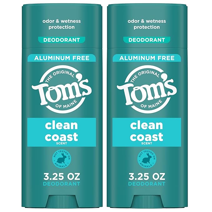 Tom’s of Maine Clean Coast Aluminum Free Natural Deodorant For Women & Men | Goes on Clear | Odor & Wetness Protection | Naturally Derived and Moisture-Locking Ingredients | 3.25 oz (2 Pack)