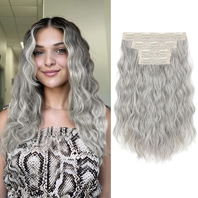 REECHO Clip in Hair Extensions, 4PCS Hair Extensions 14" Short Wavy Invisible Lace Weft Natural Soft Hairpieces for Women – Silver Grey