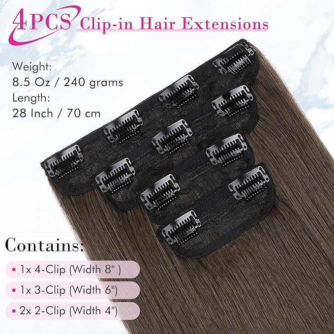 REECHO 28" Straight Super Long 4 PCS Set Thick Clip in on Hair Extensions Medium Ash Brown