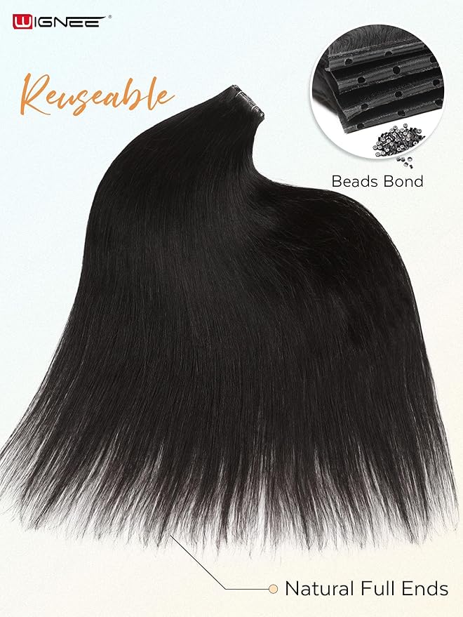 WIGNEE Double Layered OVO Hair Extensions Natural Black Human Hair weft with beads 100% Real Human Hair Extensions 22 Inch Seamless Micro Beads Human Hair Extensions Glueless Salon Quality(1B)
