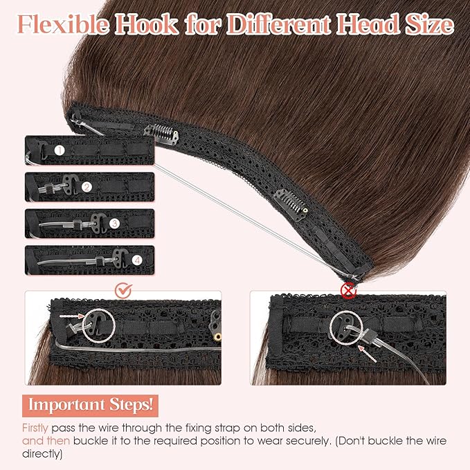 Hairro Wire Hair Extensions Human Hair, Fish Line Invisible Adjustable & Clips in Extensions Straight, 100% Real Hairpieces Seamless Blending for Women, 18 Inch 80g Dark Brown
