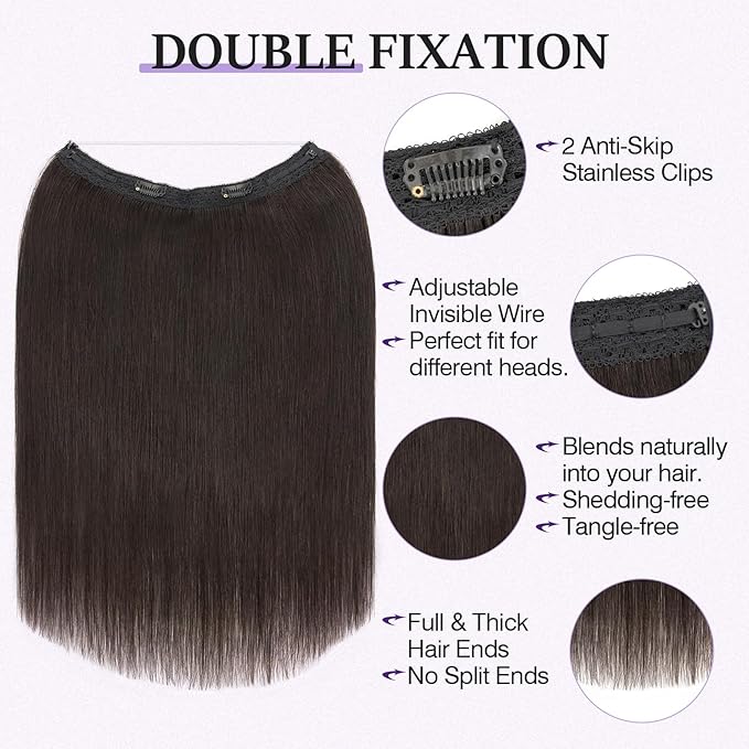 Halo Hair Extensions Real Human Hair,Halo Hair Extension 100% Human Hair,Wire Hair Extensions,Thicker 1B Natural Black 14inch/70g