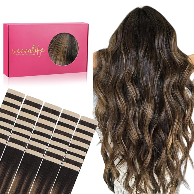 WENNALIFE Tape in Hair Extensions Human Hair, 40pcs 100g 22 inch Balayage Natural Black to Chestnut Brown Hair Extensions Real Human Hair Straight Tape in Extensions Invisible Human Hair Extensions