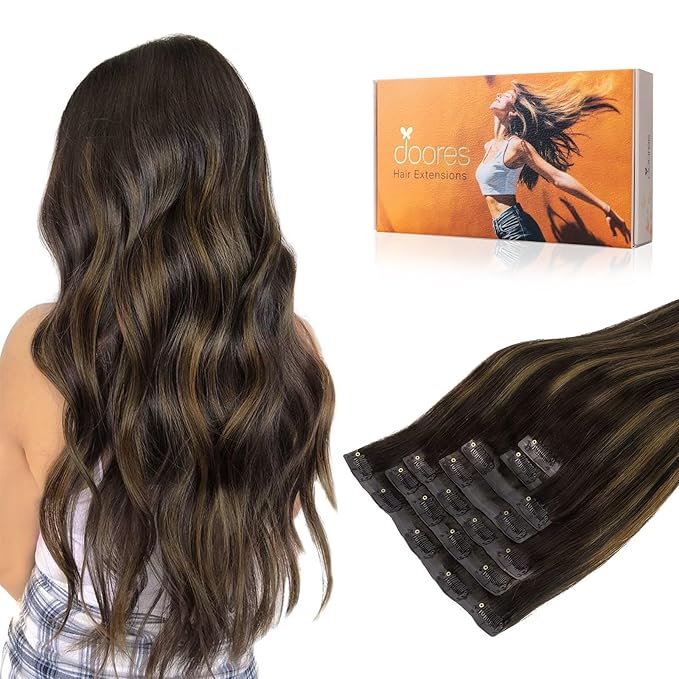 DOORES Hair Extensions Clip in Human Hair, Dark Brown to Chestnut Brown 9pcs 130g 14 Inch, Remy Seamless Clip in Extensions Straight Thick Invisi Edge Weft