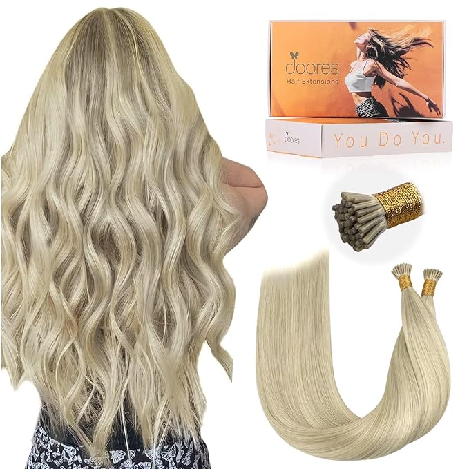 DOORES I Tip Hair Extensions Human Hair,14 Inch 100g 200s Itip Human Hair Extensions,Ash Blonde Highlighted Platinum Blonde I Tip Hair Extensions,Virgin Human Hair Extensions