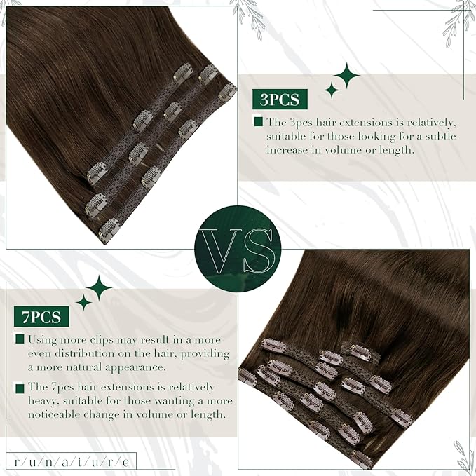 RUNATURE Clip in Hair Extensions Real Human Hair, Brown Hair Extensions Clip Ins Straight, Remy Human Hair Clip in Extensions, Natural Looking For Daily Wearing, 14 Inch 50g 3pcs #4 Medium Brown