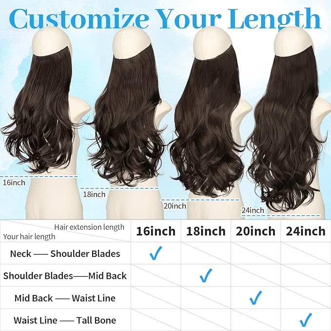 KooKaStyle Invisible Wire Hair Extensions Long Wavy Layered Synthetic Hair Extensions with Transparent Wire Adjustable Size 6 Secure Clips Dark Brown/6# Hairpieces for Women 16 Inch