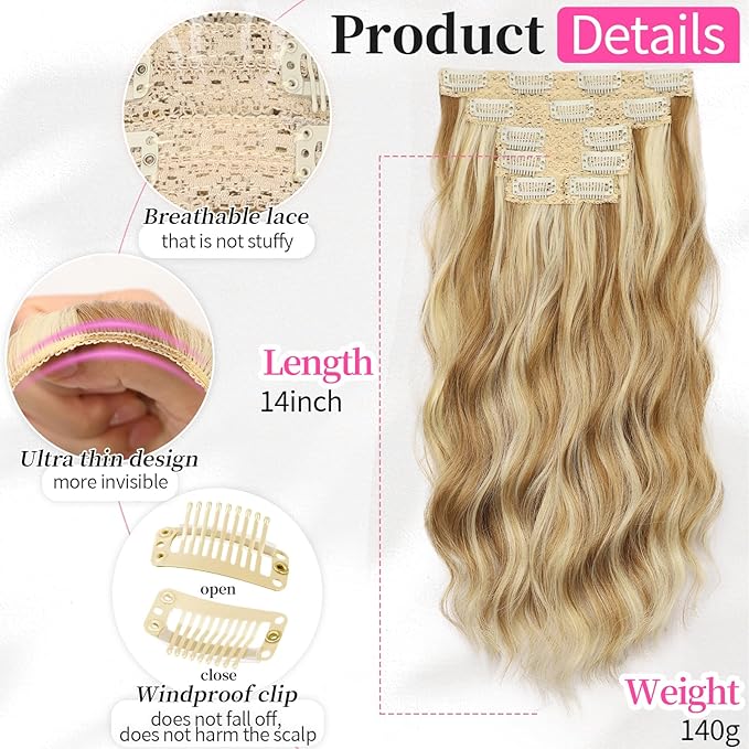 KooKaStyle Short Hair Extensions 6PCS 14 Inch Wavy Curly Hairpieces Synthetic Soft Lace Weft Clip in Hair Extensions-Honey Blonde to Bleach Blonde for Women