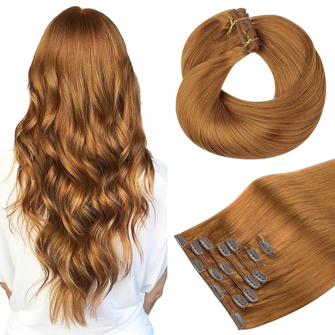 HOTBANANA Human Hair Clip-In Extensions, Auburn Ginger 120g Real Human Hair Remy Hair 16 Inch 7pcs