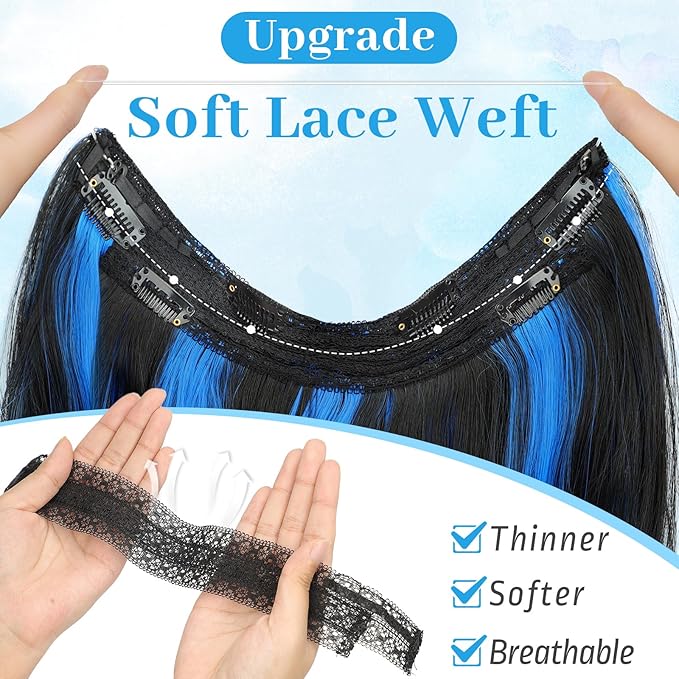 KooKaStyle Invisible Wire Hair Extensions Long Wavy Layered Synthetic Hair with Transparent Wire Adjustable Size 6 Secure Clips Hairpieces for Women(Black with Blue 20 Inch)