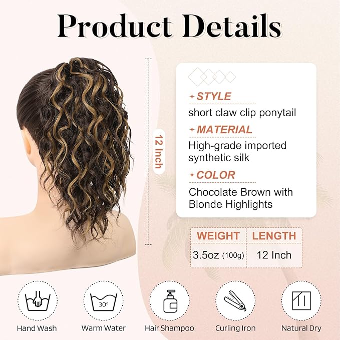 Flufymooz Ponytail Extension, 12" Short Claw Ponytail Wavy Curly Jaw Clip in Pony Tails Hair Extension Natural Synthetic Hairpiece for Women (Chocolate Brown with Blonde Highlights)