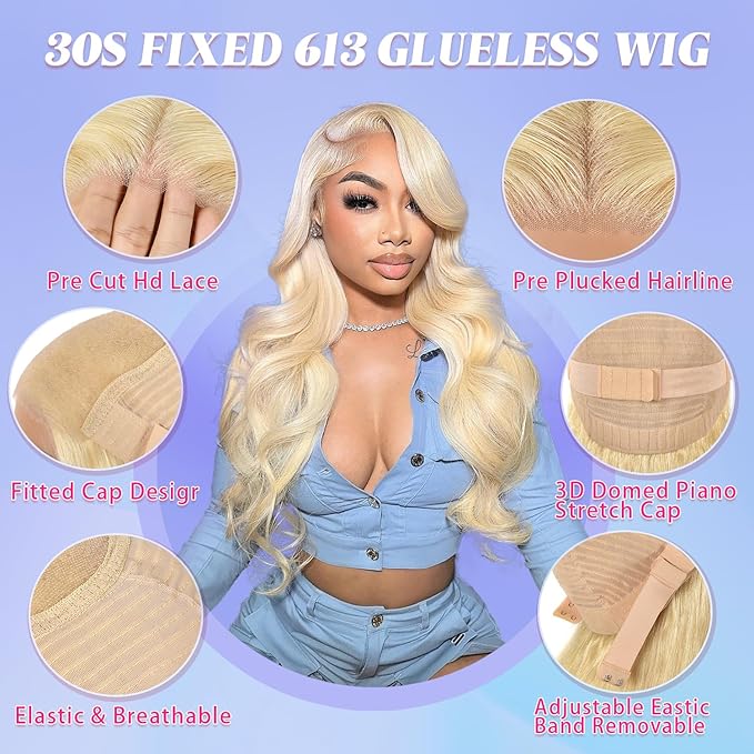 Alimubi 613 Lace Front Wig Human Hair 5x5 Body Wave Glueless Wigs Human Hair Pre Plucked Pre Cut Wear and Go Blonde Wig Human Hair(38 Inch)