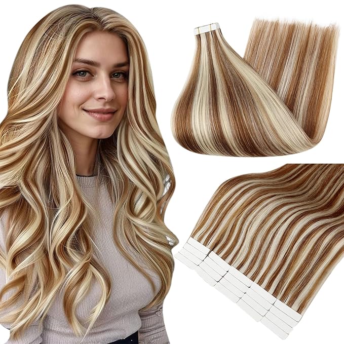 Full Shine Tape in Extensions Human Hair 20 Inch Natural Straight Remy Tape Ins Human Hair Extensions Color 330p800 Auburn Highlight Blonde 20PCS Soft Invisible Seamless Extensions 50grams Add Length