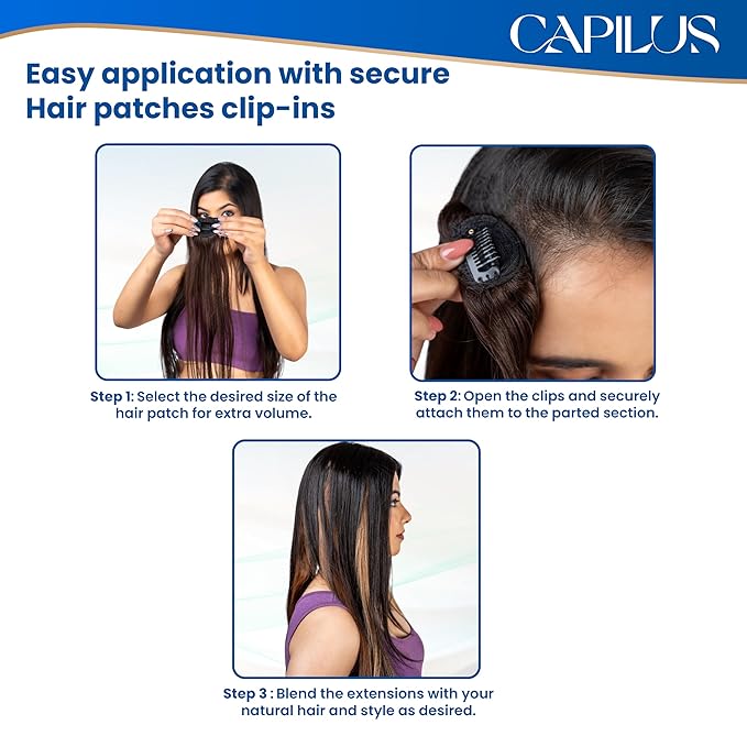 Capilus Invisible Hair Patch (Natural Brown, 12 Inch 1 Pack) | 100% Indian Human Hair Extensions for Women & Girls | Natural-Looking Volumizer | Undetectable, Durable & Non-Damaging Clip Mechanism
