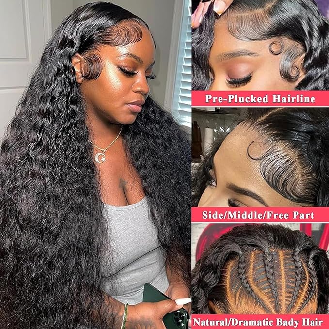 32 Inch Deep Wave Lace Front Wigs Human Hair 200 Density 13x4 Lace Frontal Wigs Human Hair Pre Plucked Deep Curly Wigs Human Hair for Women Nature Black