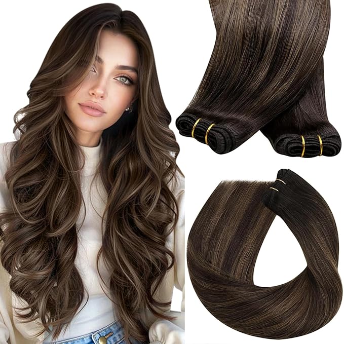 Sunny Hair Sew in Hair Extensions Real Human Hair Balayage Weft Hair Extensions Human Hair Dark Brown Balayage Light Brown Human Hair Weft Extensions For Women Real Hair 20inch 100g