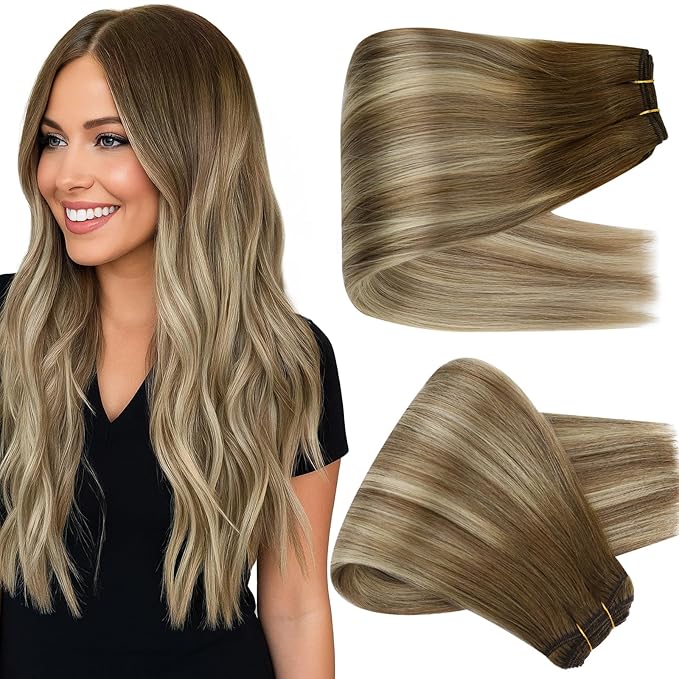 Full Shine Weft Hair Extensions 24 Inch 130G Thick Weft Extensions For Women Color Dark Brown To Ash Brown Highlight Medium Blonde Human Hair Sew In Extensions For Women