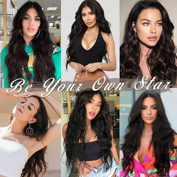 BARSDAR 20 Inch Wavy Clip in Hair Extensions – 5PCS Thick Soft Synthetic Hairpieces – Black Brown Full Head Clip in Hair Extensions for Women – Long Voluminous Easy Wear for Daily Party Halloween